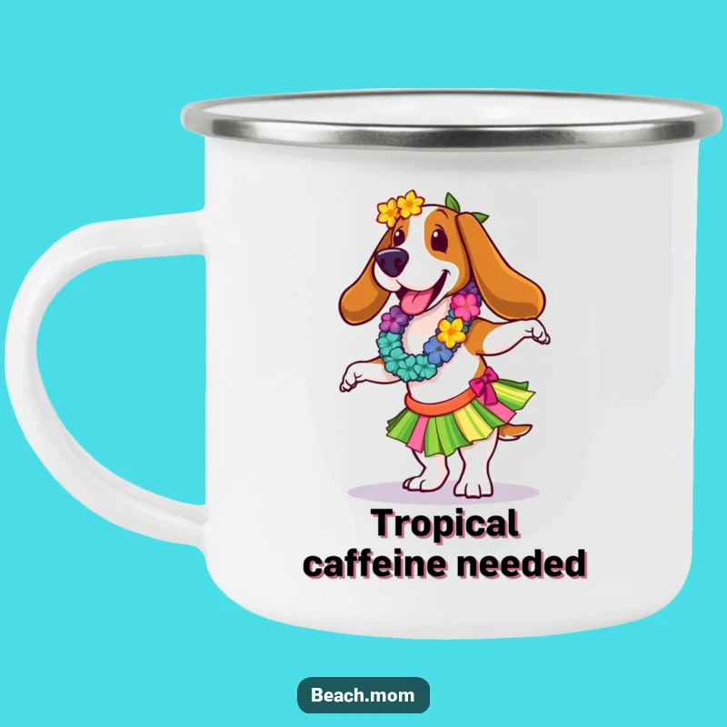 Funny Basset Hound Hula Dancer Camping Mug: Rustic Tropical Coffee Cup Gift
