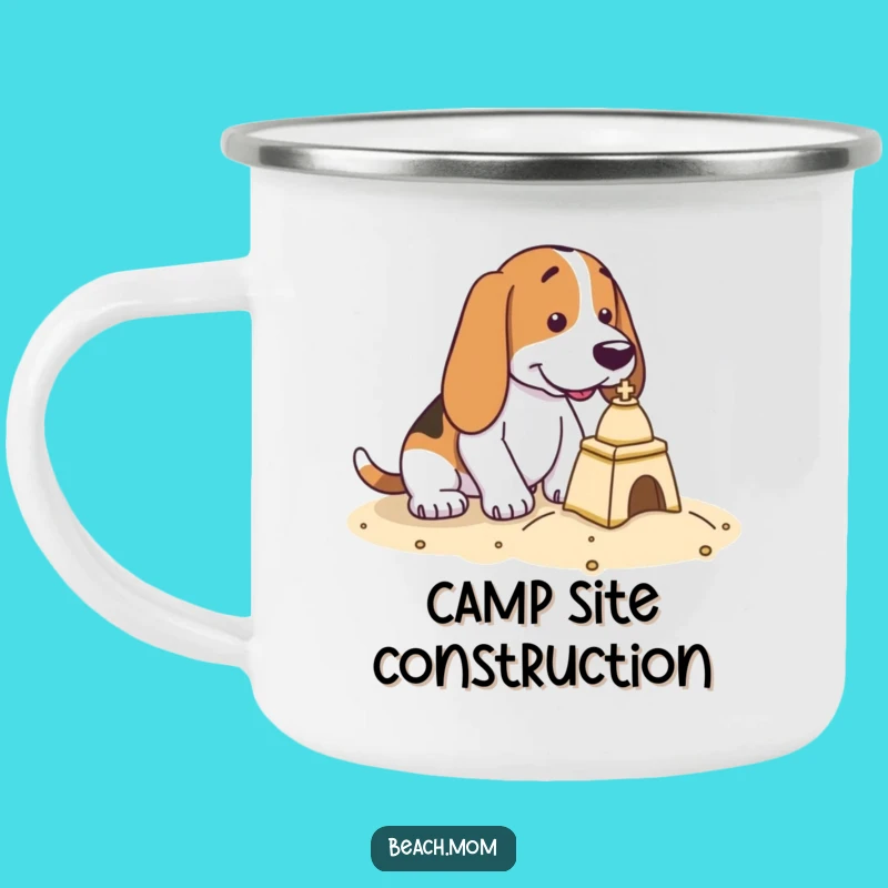 Funny Basset Hound Sandcastle Camping Mug - Beach Focused Outdoor Gift