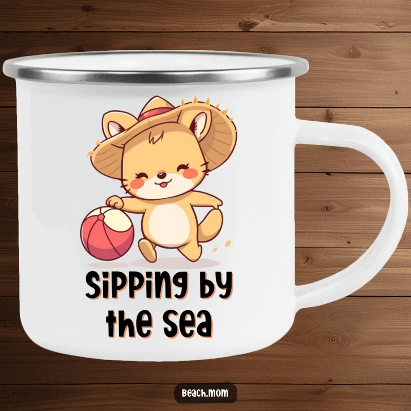 Funny camping mug: An animal character in a straw hat happily runs after a beach ball, ideal for outdoor fun.