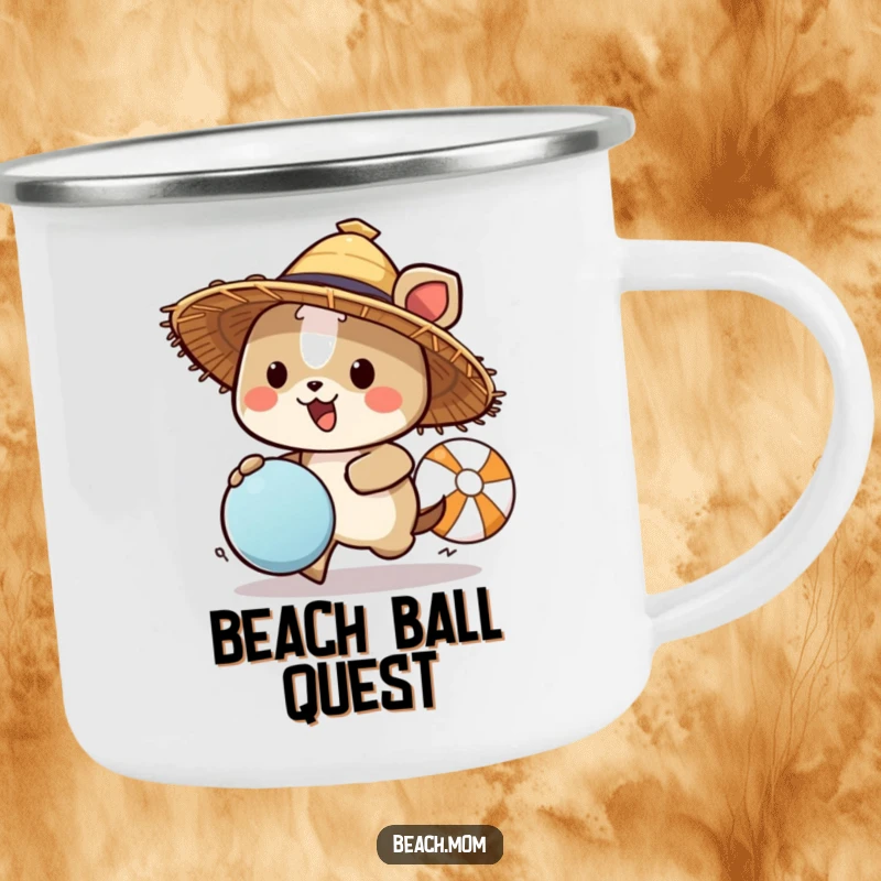 Funny animal character wearing a straw hat chasing a beach ball, on a durable camping mug, bringing beach humor to outdoor settings.