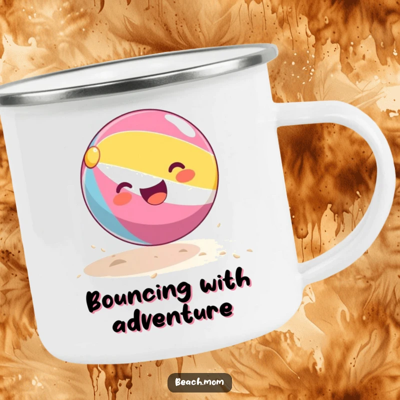 Funny beach ball camping mug featuring a happy beach ball bouncing, perfect for outdoor enthusiasts who love a laugh.