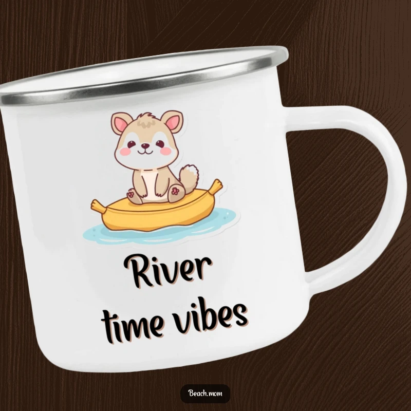 Funny animal character happily bobbing on a raft, embodying pure relaxation, durable camping mug design.