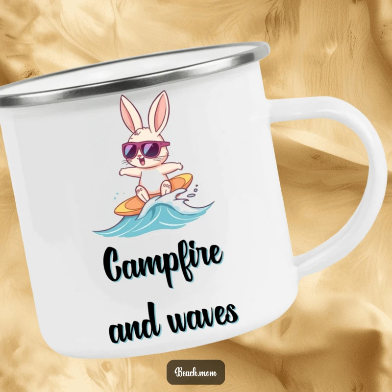 Funny Bunny Surfer camping mug featuring a cool bunny with sunglasses surfing a tiny wave, designed for happy outdoor sipping.
