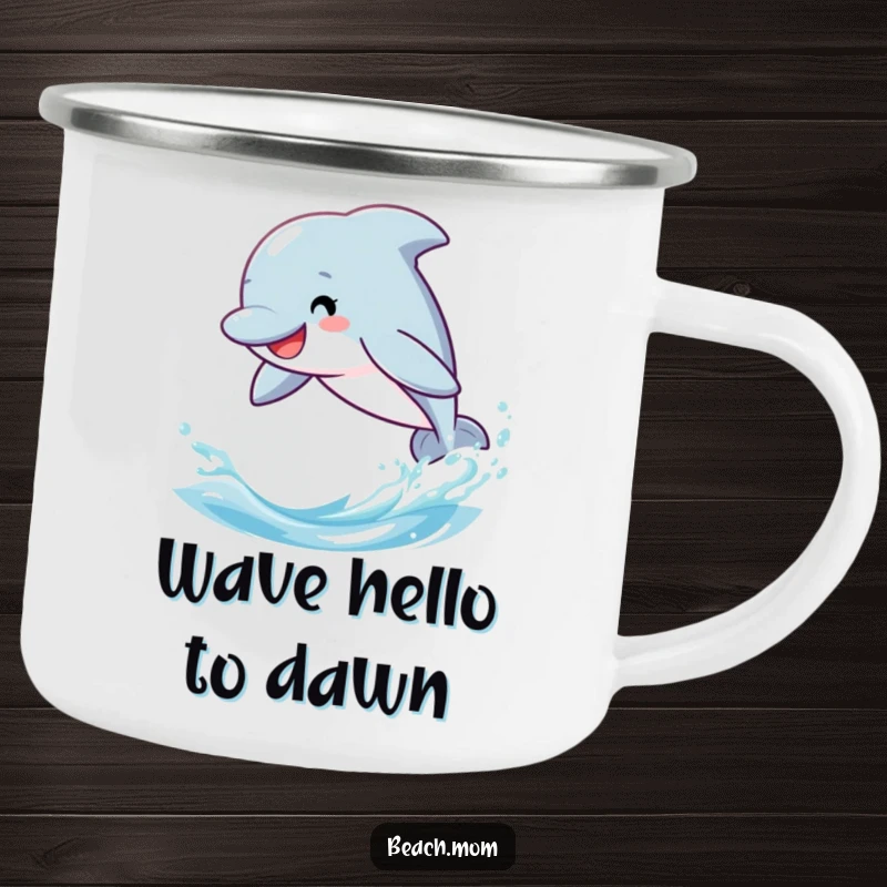 Funny dolphin camping mug, sturdy cup featuring a cartoon character leaping through stylized ocean waves.