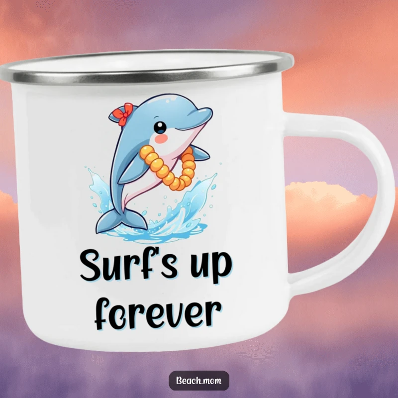 Funny Dolphin Camping Mug: A lei-wearing dolphin leaps from water, bringing durable, humorous island vibes to outdoor adventures.