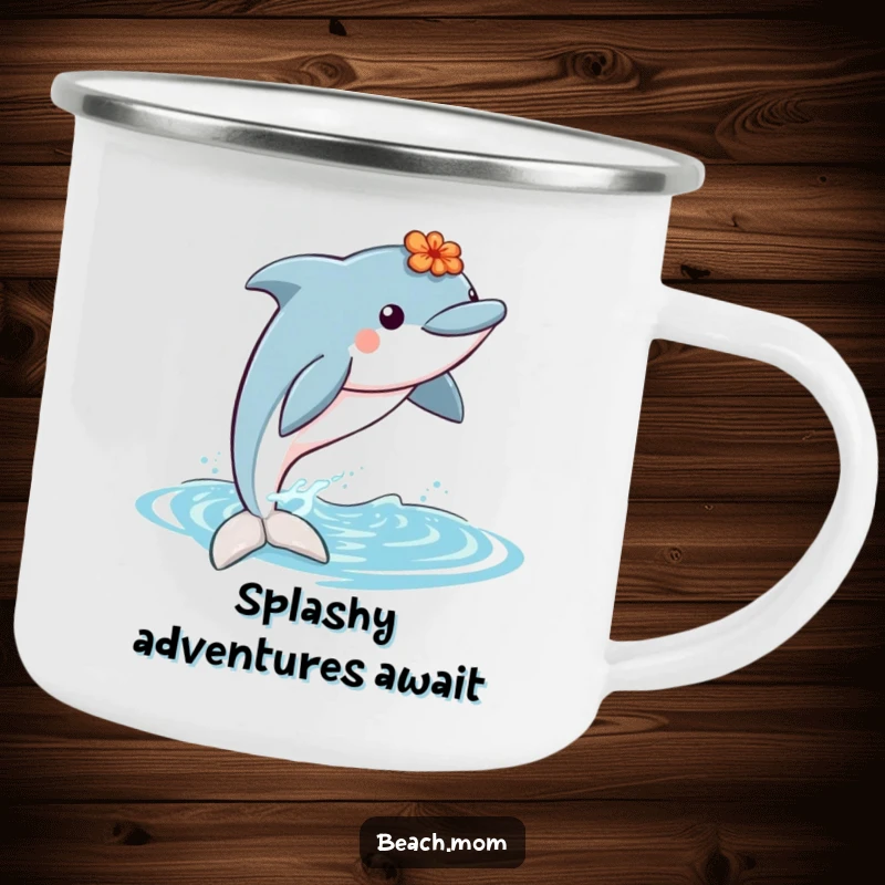 Funny dolphin with a lei jumping out of water, perfect for a durable and humorous camping mug for outdoor trips.