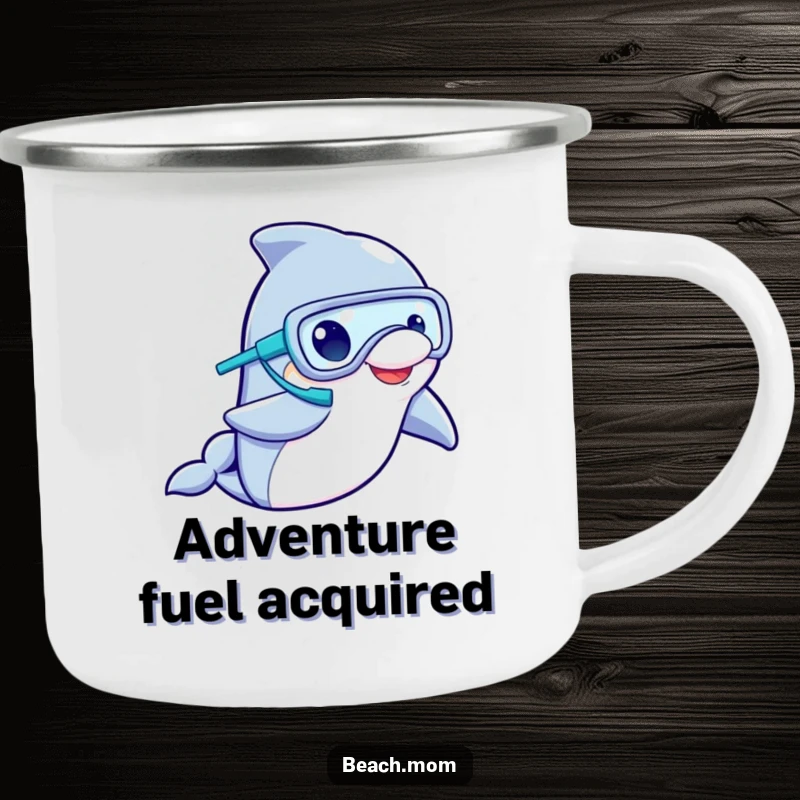 Funny Dolphin Snorkeler Camping Mug: Enamel mug featuring a dolphin in a snorkel mask waving, perfect for funny outdoor breaks.