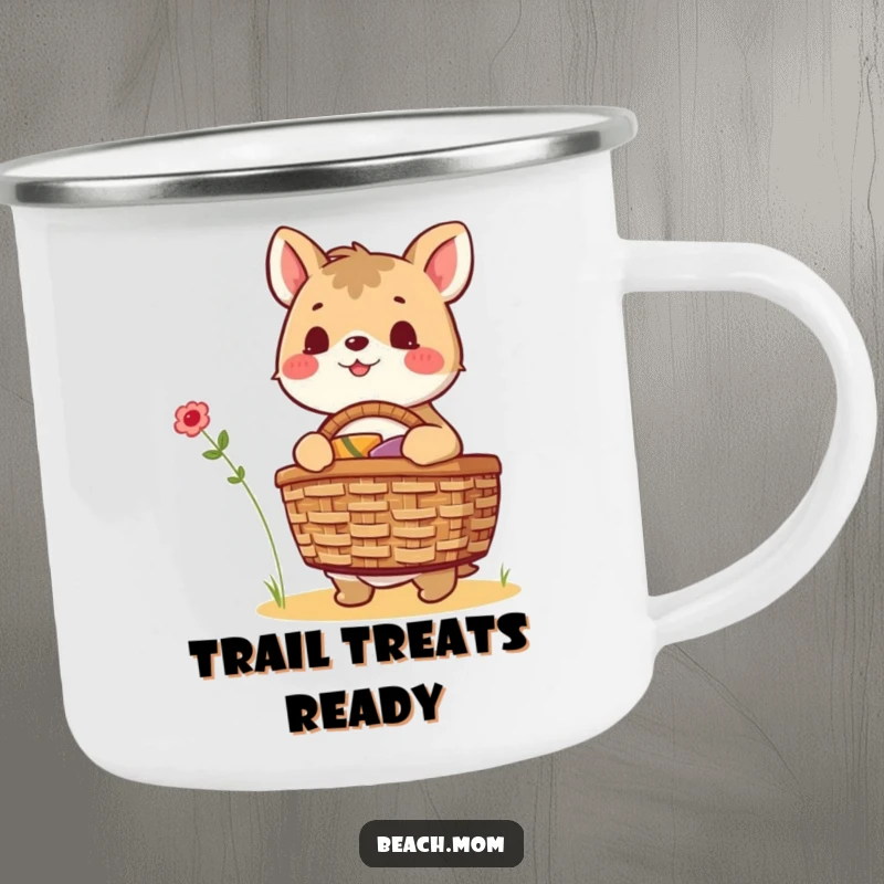 Funny animal character packing a picnic basket, ready for outdoor fun, durable camping mug design.
