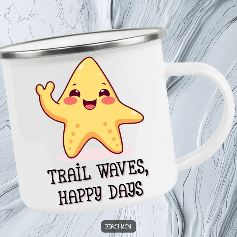 Funny happy starfish camping mug with a waving tentacle, durable and humorous for outdoor use, a perfect gift for beach lovers.