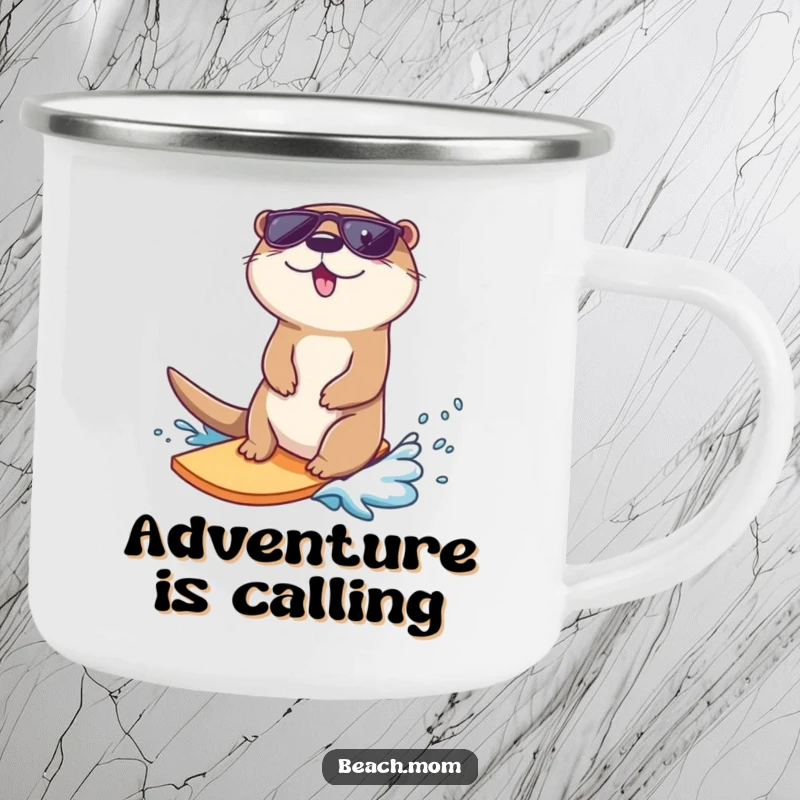 Funny otter camping mug, a cool otter wearing sunglasses surfs a wave, for outdoor fun.