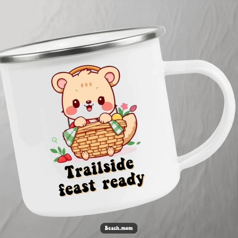 Funny camping mug: An excited animal character is shown packing a picnic basket, ideal for enjoying meals in nature.