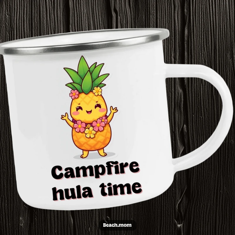 Funny pineapple hula camping mug featuring a cute pineapple character in a lei, bringing tropical fun to outdoor sips.