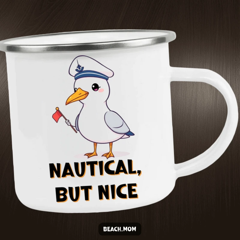 Funny gull in a sailor hat with a flag, perfect for a durable and humorous camping mug for outdoor trips.