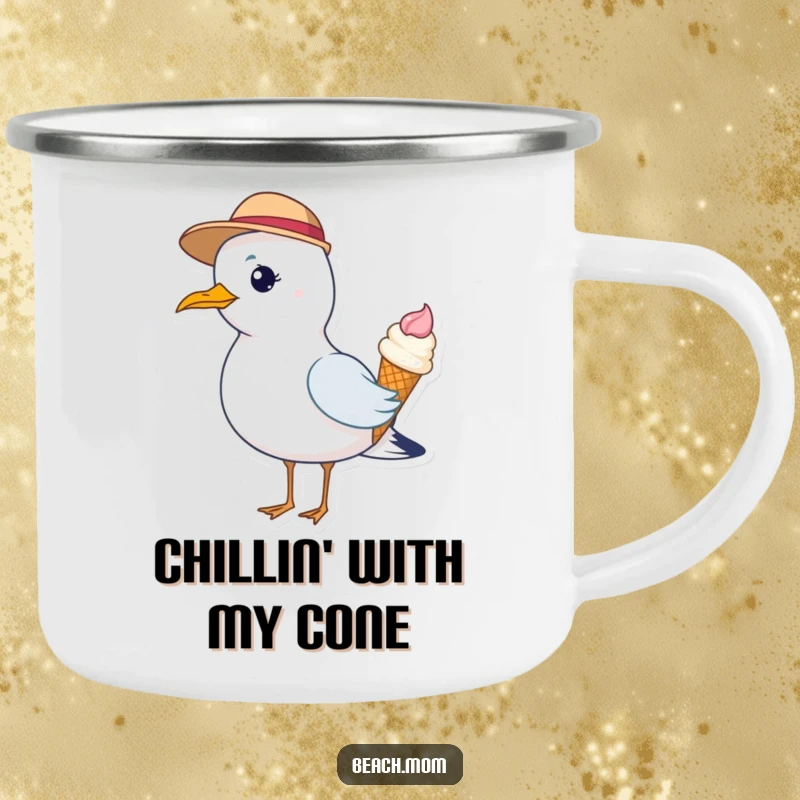 Funny camping mug with a seagull in a hat holding an ice cream cone, perfect for outdoor enthusiasts.