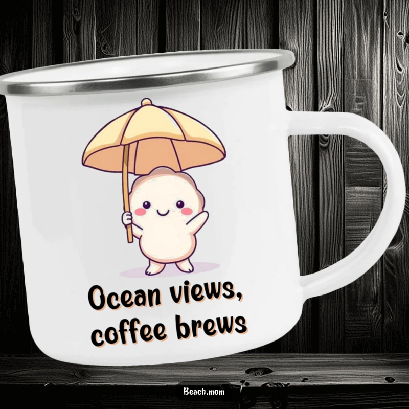 Funny smiling seashell camping mug with a beach umbrella, durable and humorous for outdoor use, a perfect gift for beach lovers.