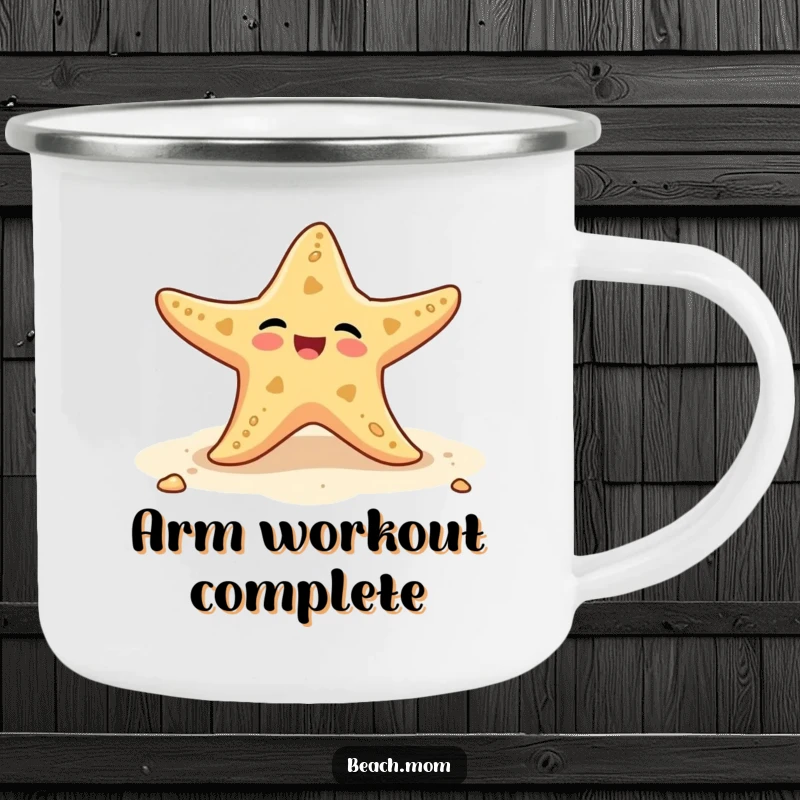 Funny camping mug featuring a starfish wiggling its arms on the beach, designed for outdoor fun.