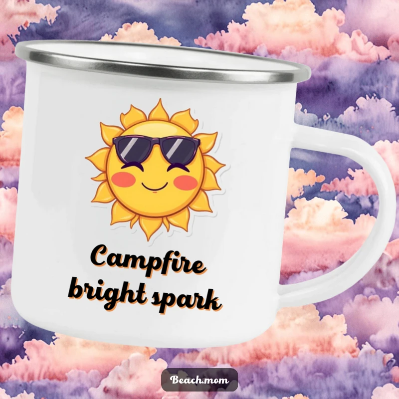 Funny camping mug featuring a cool sun wearing sunglasses and winking, perfect for outdoor adventures.