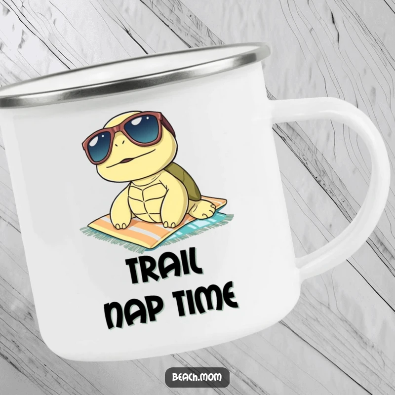 Funny turtle wearing sunglasses, sunbathing on a towel, shown on a sturdy camping mug, perfect for outdoor chill vibes.