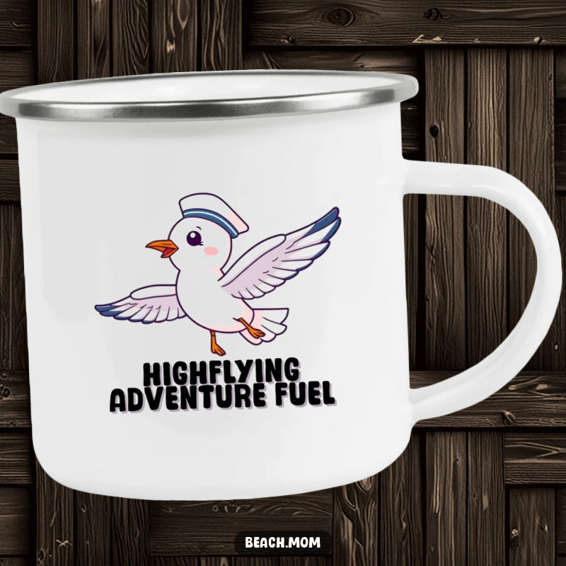 Funny camping mug with a delighted seagull in a sailor hat, soaring happily, ready for outdoor adventures.