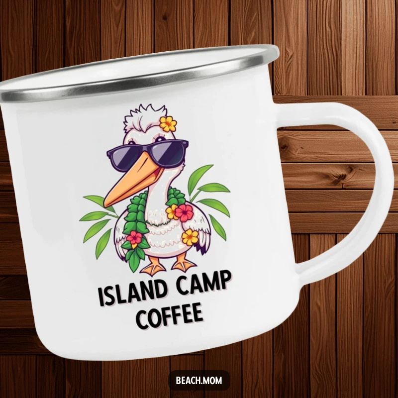 Funny camping mug featuring a cool pelican wearing sunglasses and a lei, perfect for outdoor adventures.