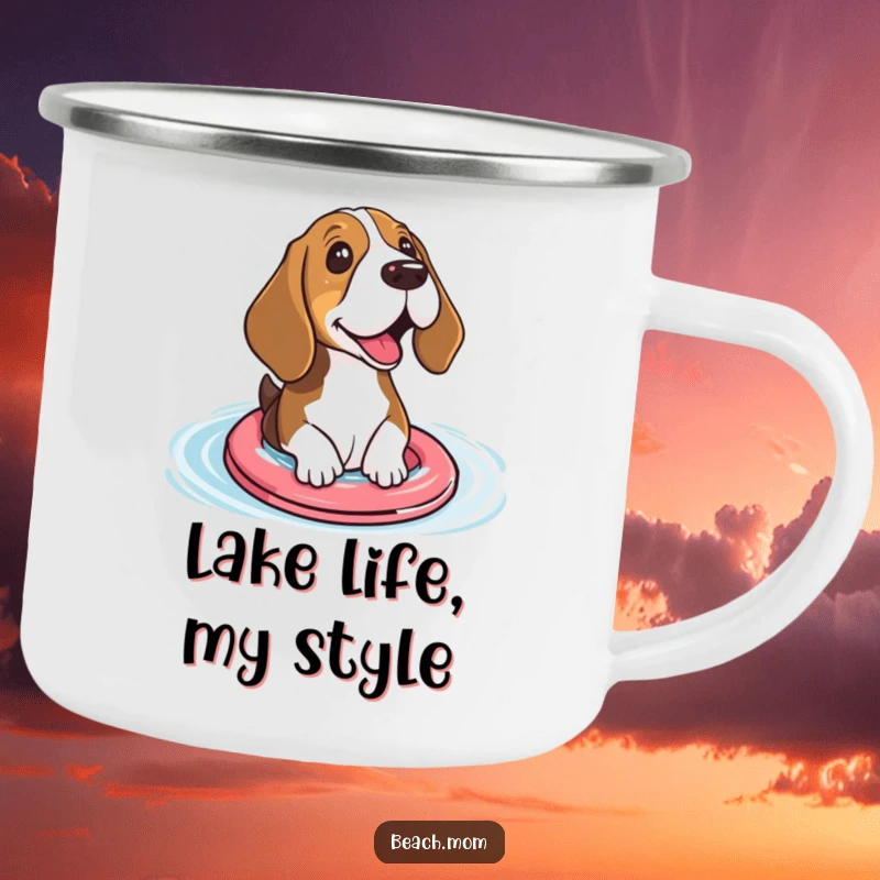 Funny Basset hound camping mug with small floaties excitedly paddling, designed for outdoor fun and humor.