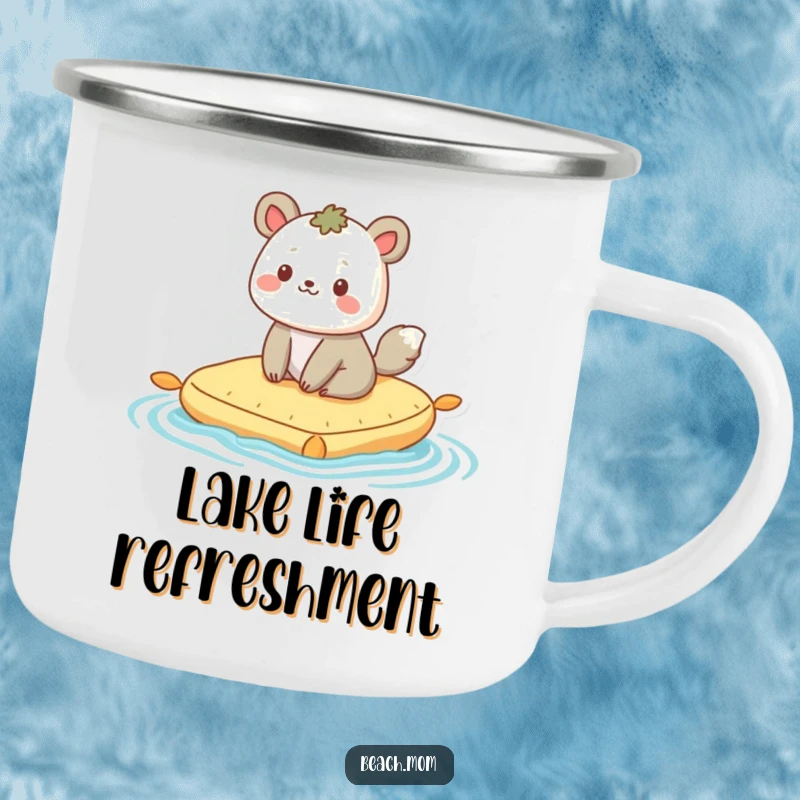 Funny camping mug: An animal character happily bobs on a raft, ideal for enjoying peaceful moments outdoors.