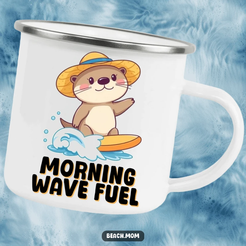 Funny sea otter camping mug, wearing a sun hat, surfing a small wave, for enjoying outdoor drinks with beachy cheer.