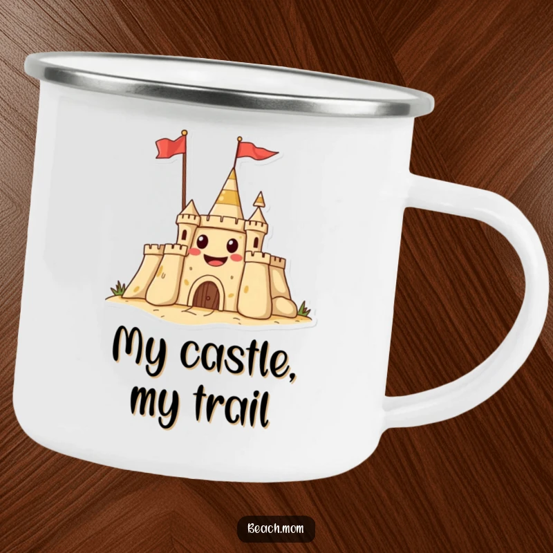Funny camping mug featuring a grinning sandcastle waving a flag, perfect for beach lovers and outdoor enthusiasts.