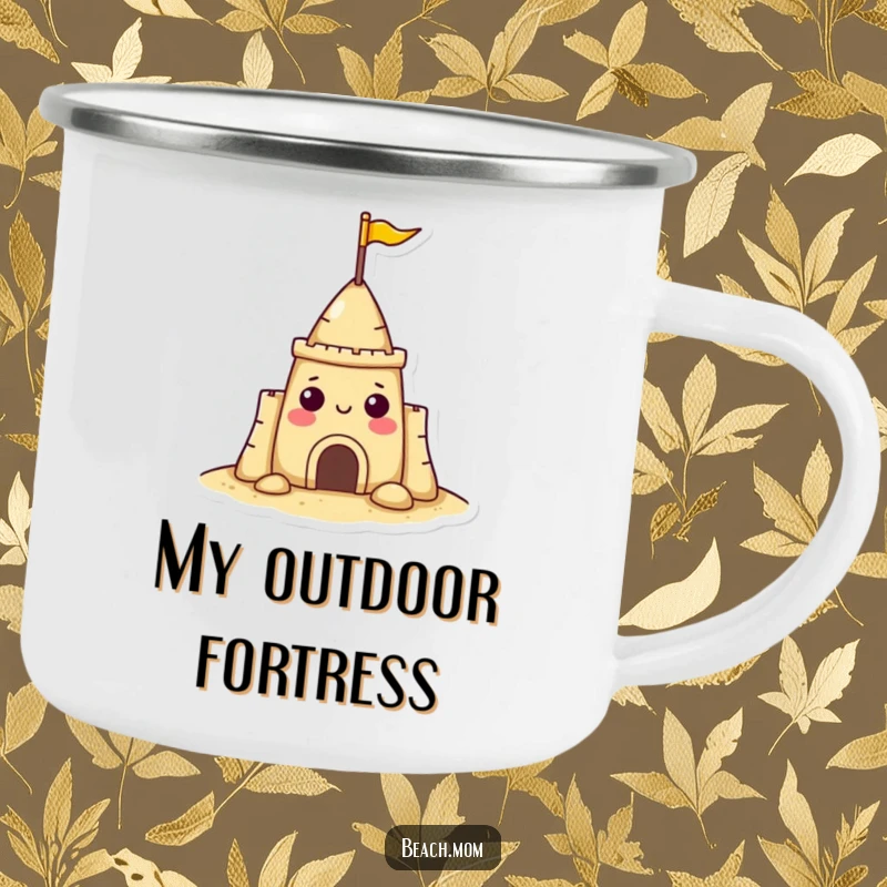 Funny sandcastle character camping mug with a flag, cheerful and ready for the outdoors, a durable and humorous companion.