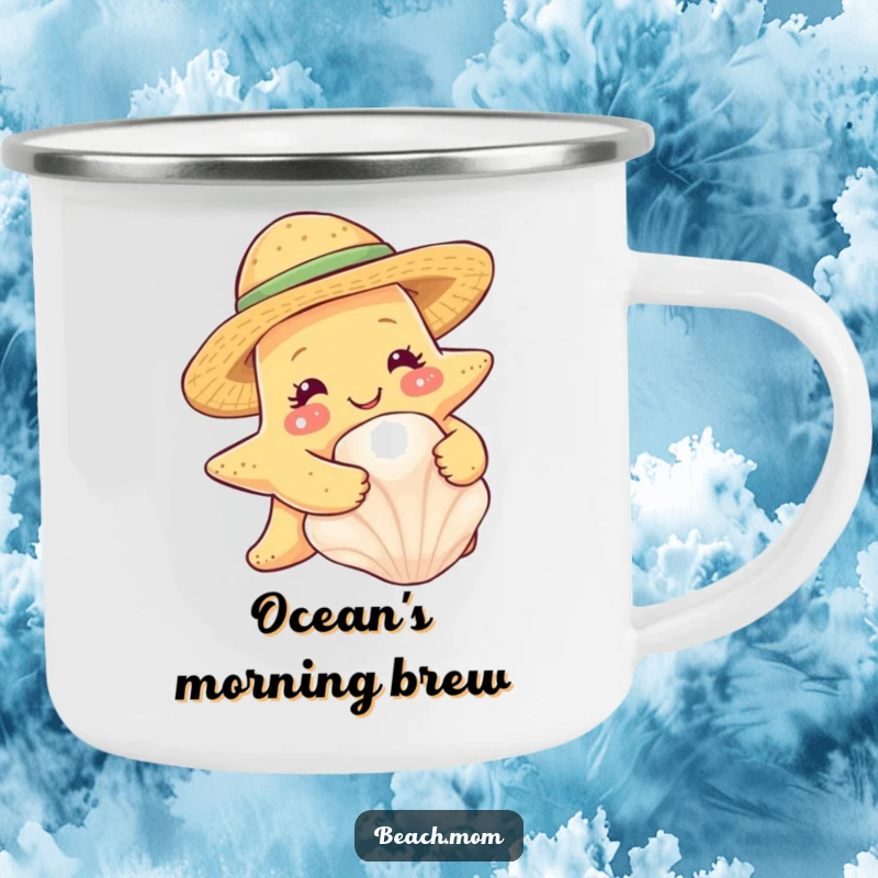 Funny starfish with a straw hat, hugging a seashell, on a durable camping mug.