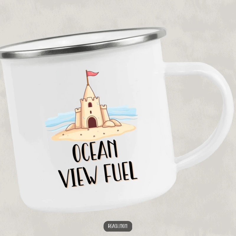 Funny camping mug with a cheerful sandcastle waving a flag at the ocean, ready for any outdoor adventure.