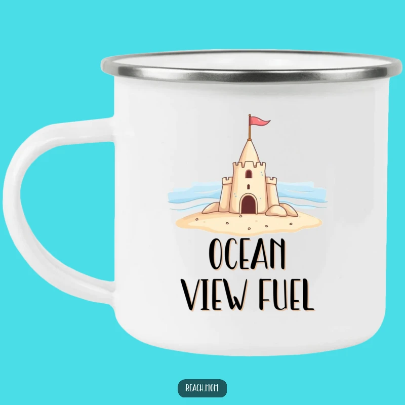 Funny Sandcastle Camp Mug: Cheerful Castle Waving Flag at Ocean
