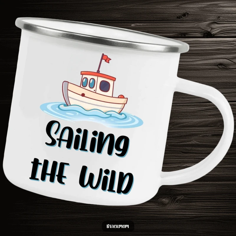 Funny little boat camping mug featuring a cheerful boat bobbing on sparkling waves, perfect for scenic sips outdoors.