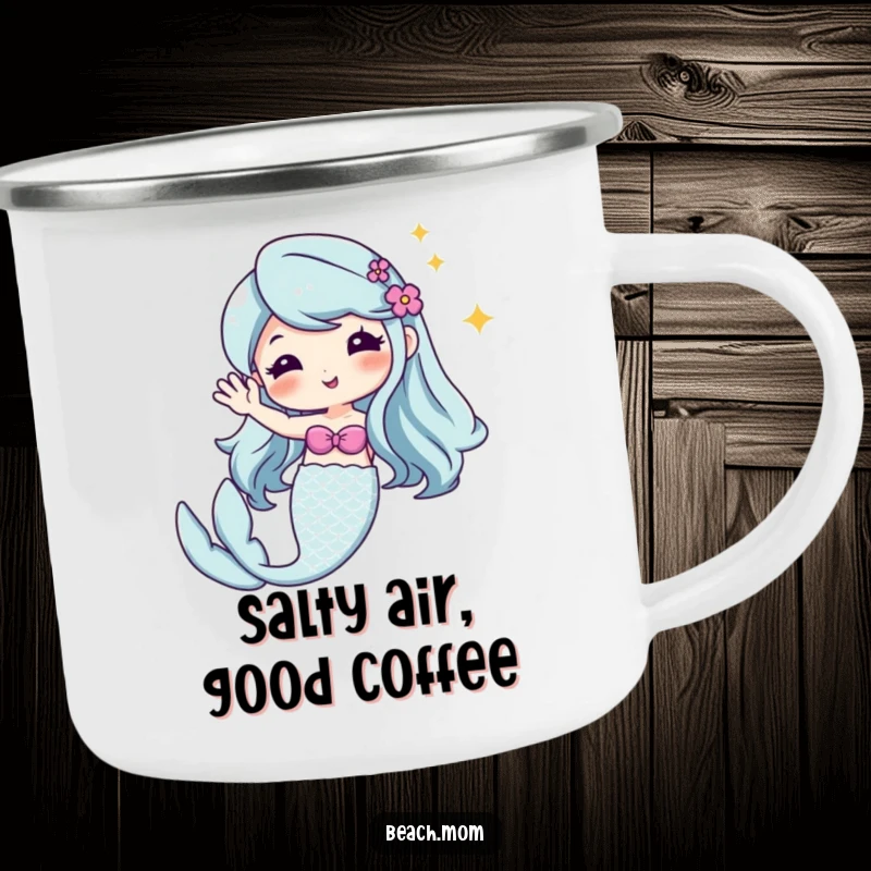 Funny Kawaii mermaid camping mug, sturdy cup featuring a cute character with a shiny tail waving hello.