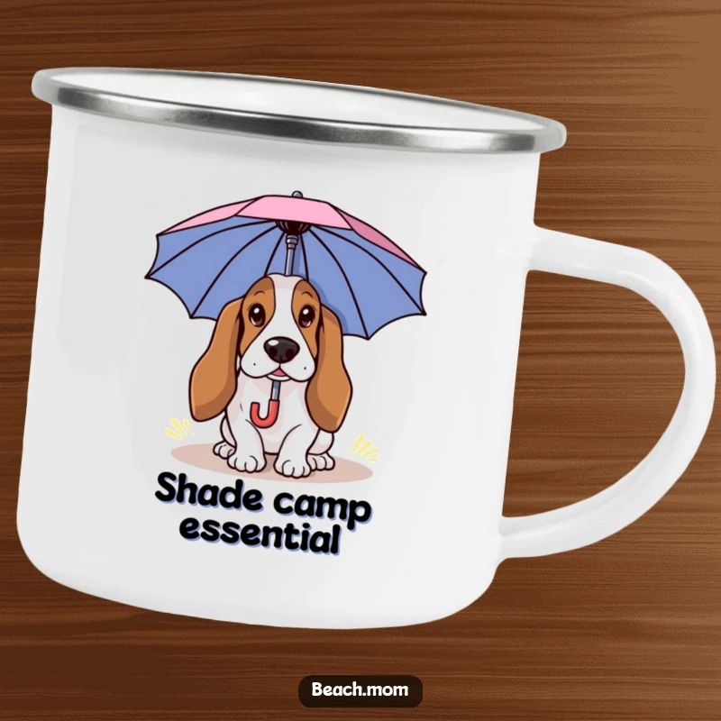 Funny Basset Hound camping mug showing a dog using a small umbrella for shade, perfect for humorous outdoor drinks.