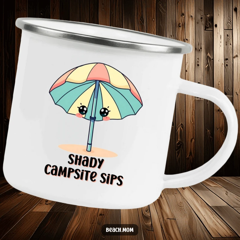 Funny beach umbrella with eyes, wiggling happily, on a durable camping mug.