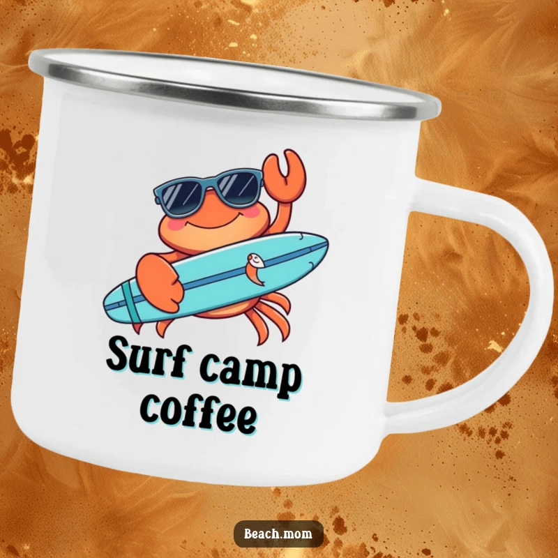 Funny crab camping mug showing a cool crab with sunglasses and a surfboard, embodying humorous beach adventure for outdoor enjoyment.