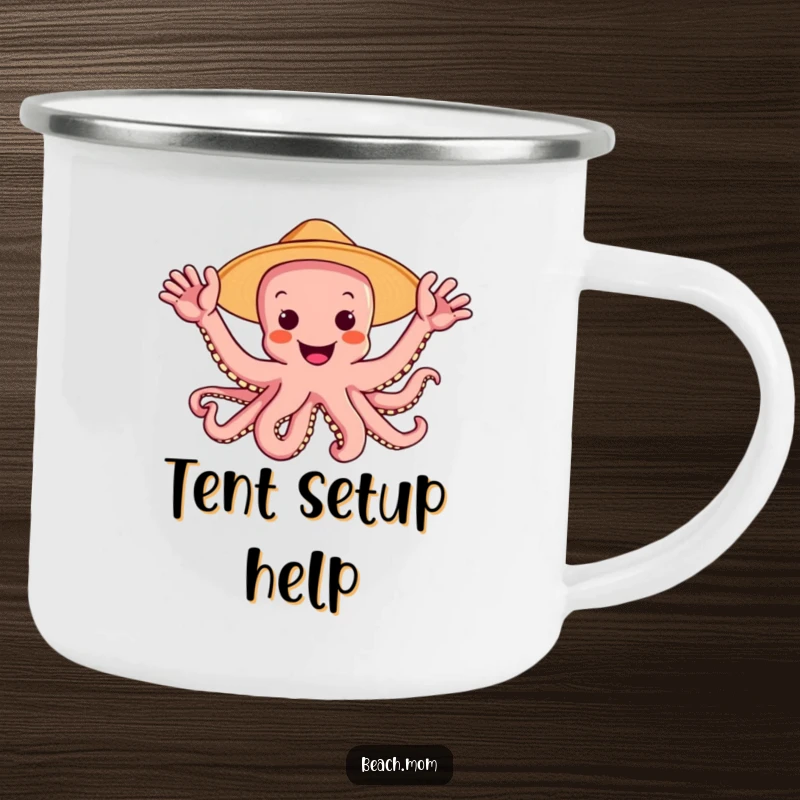 Funny octopus wearing a sun hat and waving multiple arms, shown on a sturdy camping mug, perfect for cheerful outdoor sipping.