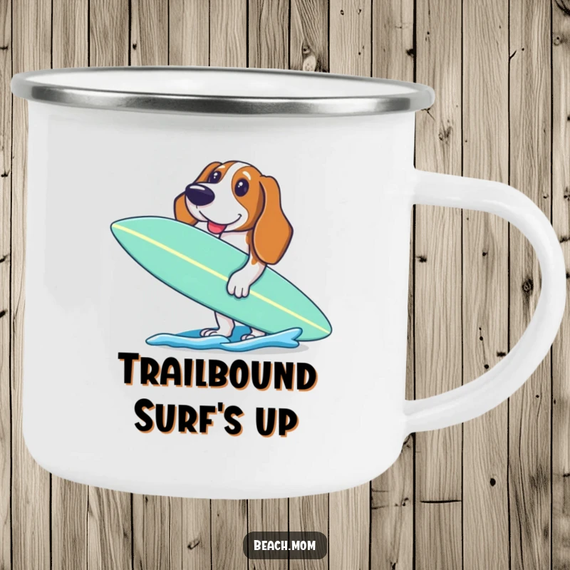 Funny Basset Hound camping mug with an excited dog holding a surfboard, ready to paddle, perfect for outdoor enjoyment.
