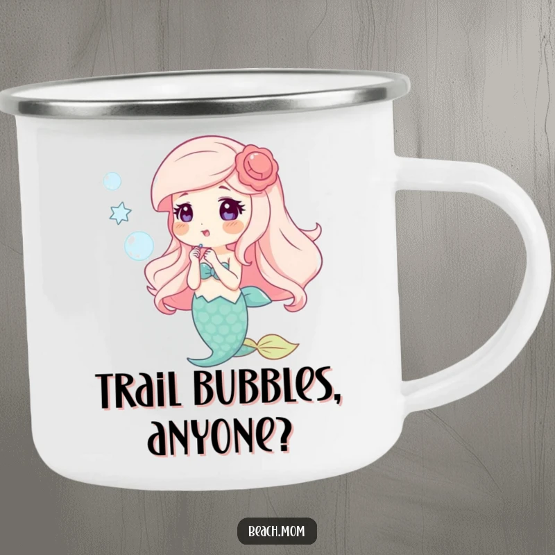 Funny camping mug featuring a happy mermaid with shell accessories blowing bubbles, perfect for outdoor adventures.