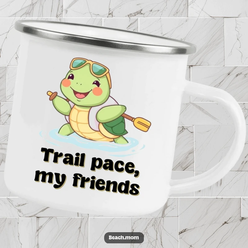 Funny Turtle Camping Mug: A joyful turtle in a floatie paddles enthusiastically, bringing durable, humorous charm to outdoor brews.