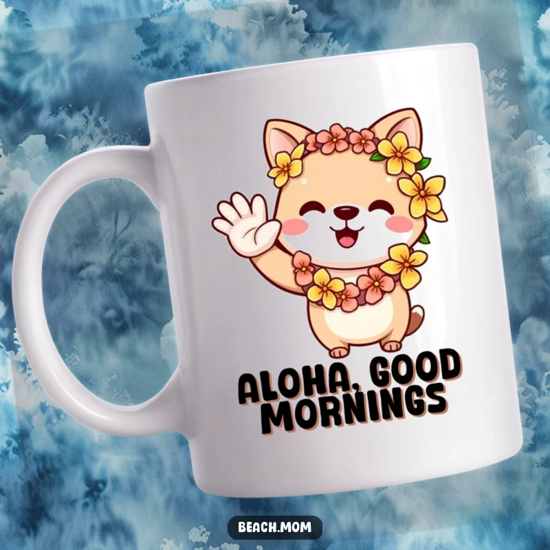 Funny animal character wearing a colorful flower lei, waving a friendly greeting, perfect for a cheerful mug.