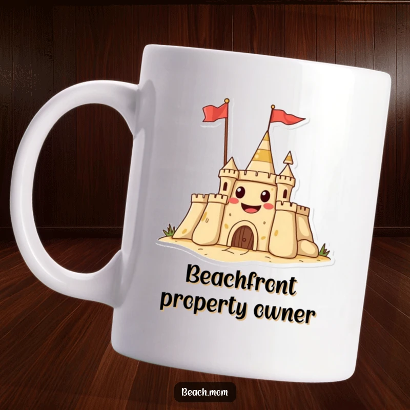 Funny mug depicting a grinning sandcastle, enthusiastically waving a flag, embodying beach day joy and humor.