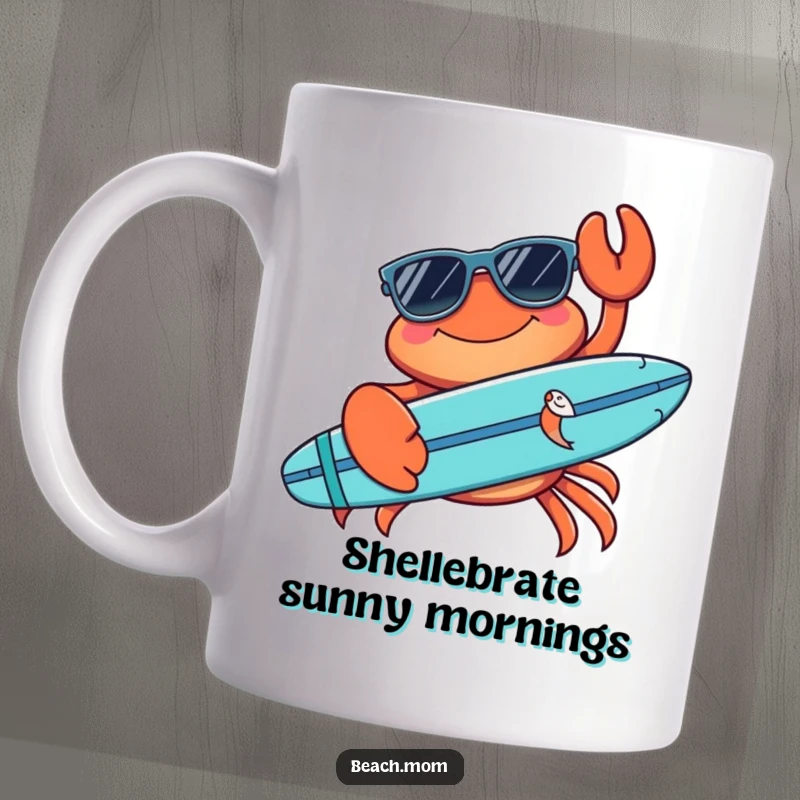 Funny crab mug featuring cool sunglasses and a surfboard, embodying a humorous, adventurous, and relaxed beach personality.