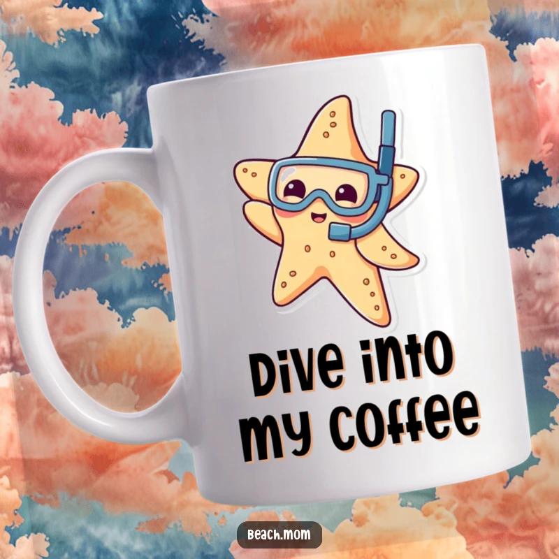 Funny starfish mug wearing a tiny snorkel, playfully dipping its arm into the water, evoking underwater joy.