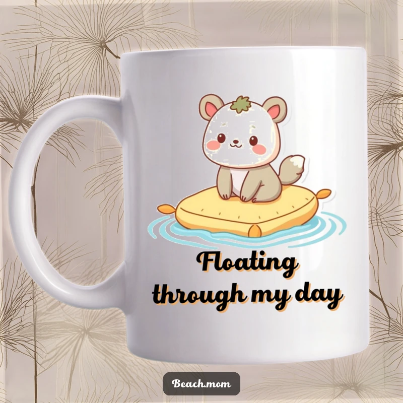 Funny mug: A contented animal character happily floats and bobs on a small raft, enjoying a peaceful moment.