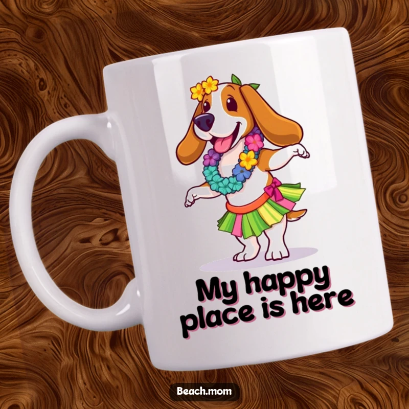 Funny Basset Hound mug wearing a lei and hula skirt, joyfully dancing on a tropical beach, embodying pure, silly happiness.