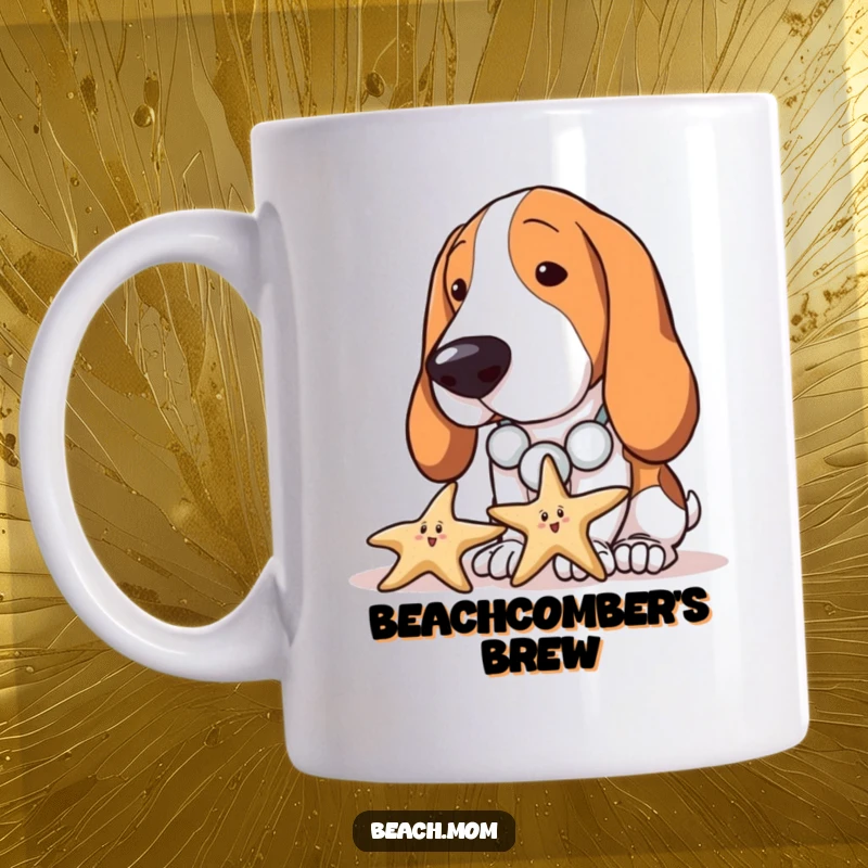 Funny Basset Hound mug shows a curious dog wearing a seashell necklace, inspecting a starfish on the sand.