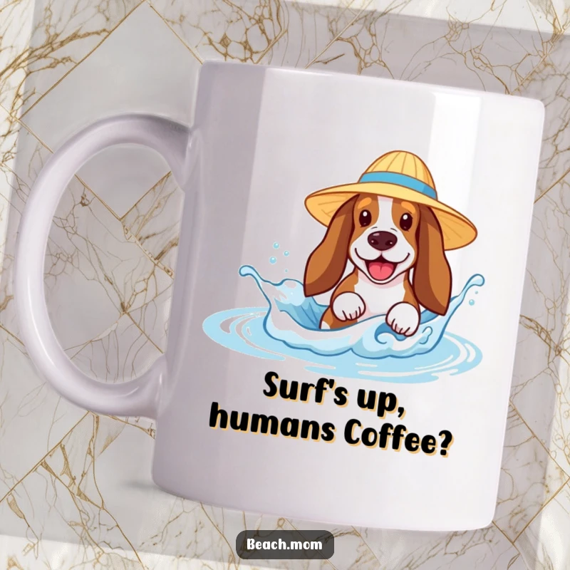 Funny Basset Hound mug with sun hat splashing happily in a tiny beach wave, conveying pure vacation joy.