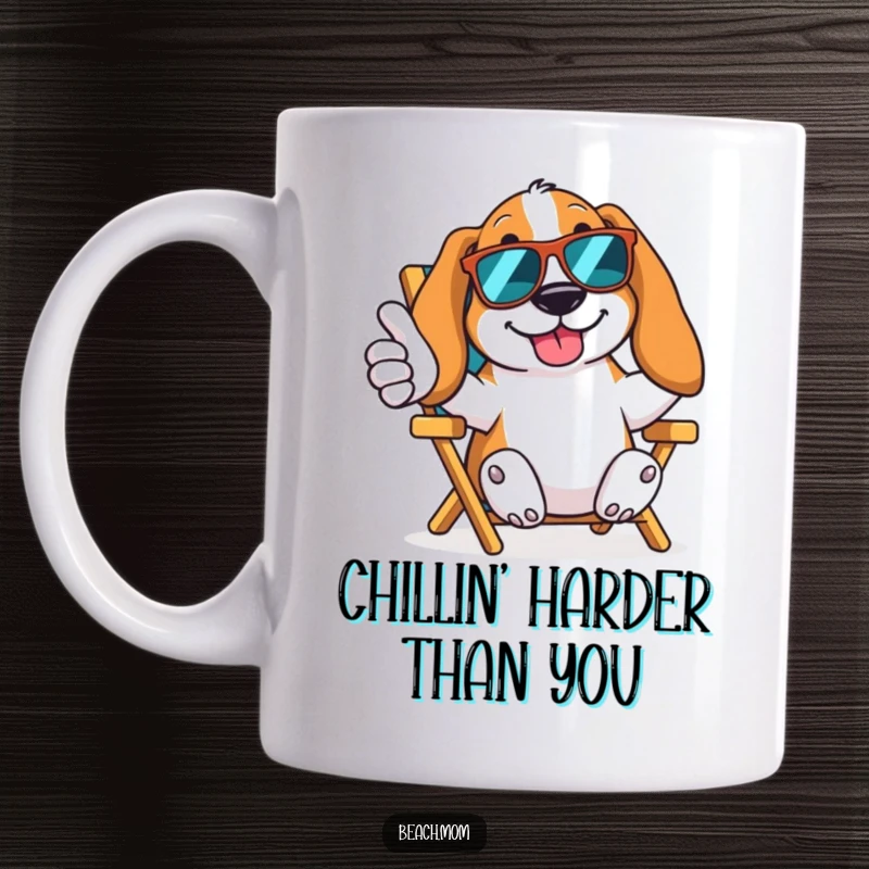 Funny Basset Hound mug shows a cool dog in sunglasses giving a thumbs up from a beach chair, exuding ultimate relaxation.